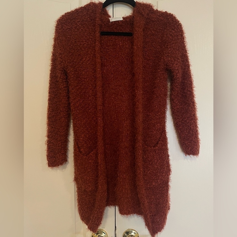 Poof Apparel Rust colored popcorn fuzzy 
cardigan​​​​​​​​